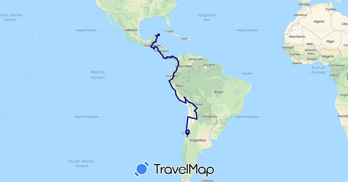 TravelMap itinerary: driving in Argentina, Bolivia, Belize, Chile, Colombia, Costa Rica, Ecuador, Guatemala, Honduras, Mexico, Nicaragua, Panama, Peru, El Salvador (North America, South America)